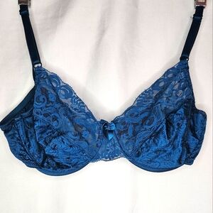 Vintage Victoria Secret Lingerie Bra Blue Embroidered Bow Lace Wired 36 C